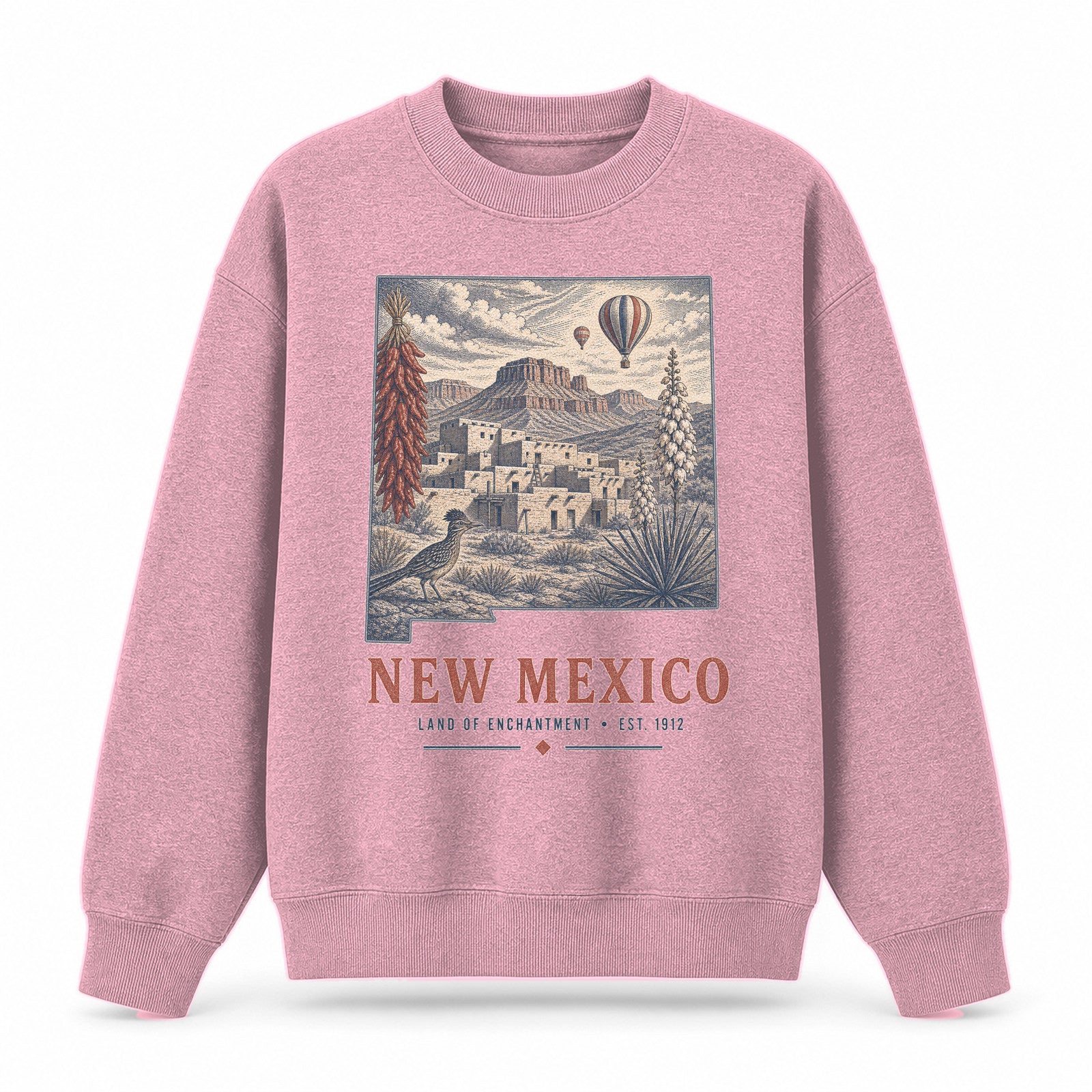 Vintage New Mexico State Graphic Crewneck Sweatshirt in Pink, front view on a white background