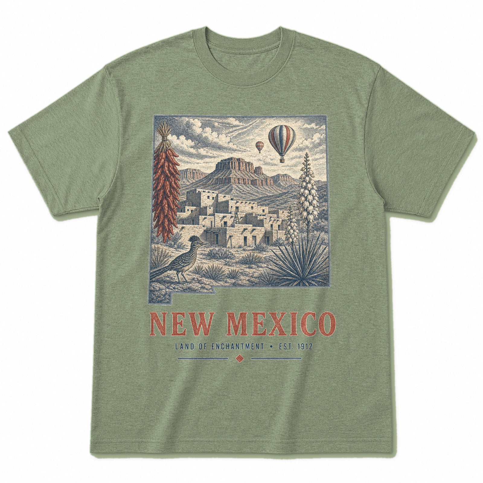 Vintage New Mexico State Graphic T-Shirt in Light Sage Green, front view on a white background