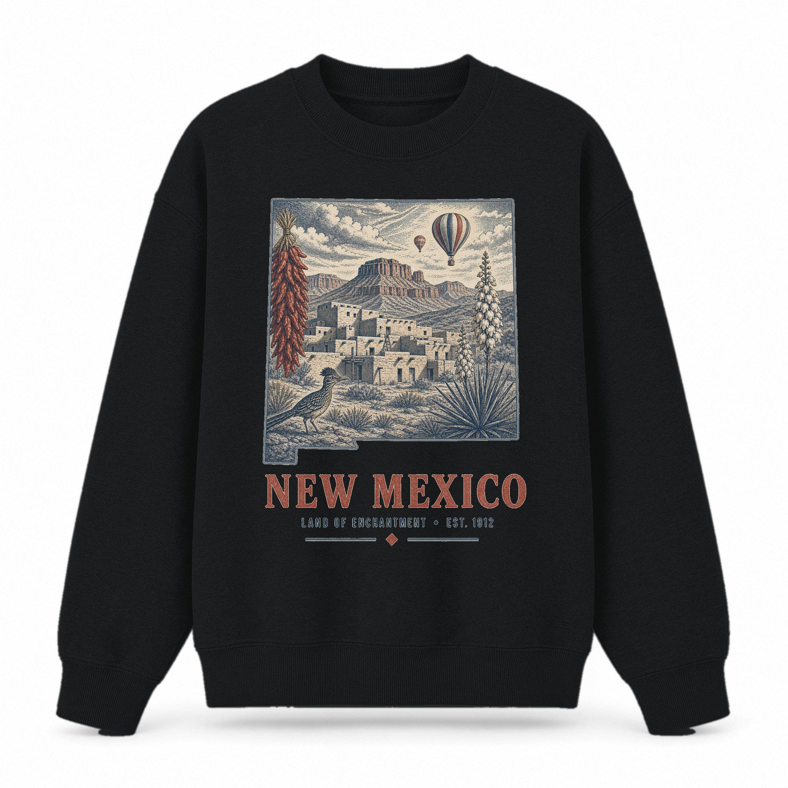 Vintage New Mexico State Graphic Crewneck Sweatshirt in Black, front view on a white background