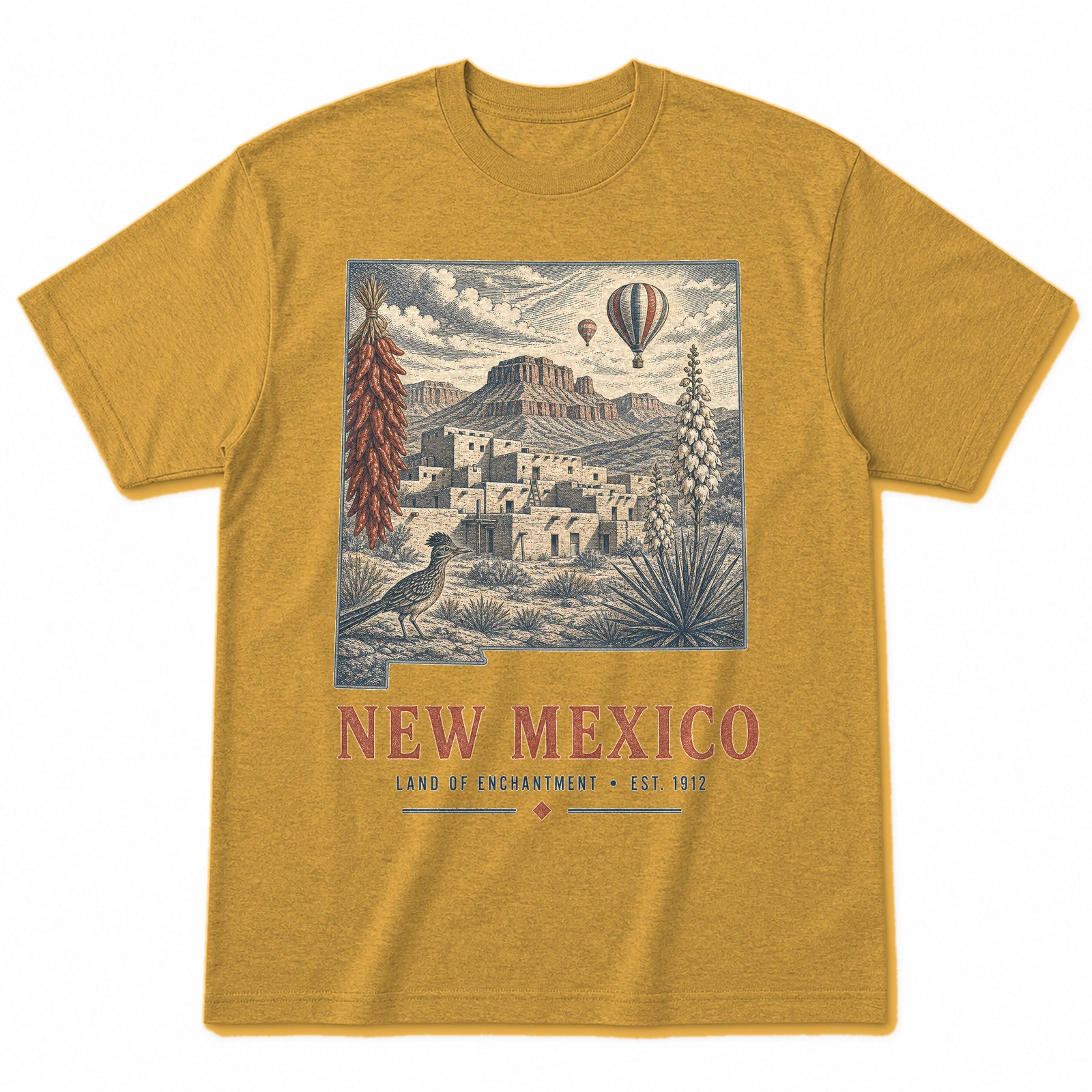 Vintage New Mexico State Graphic T-Shirt in Vintage Mustard Yellow, front view on a white background