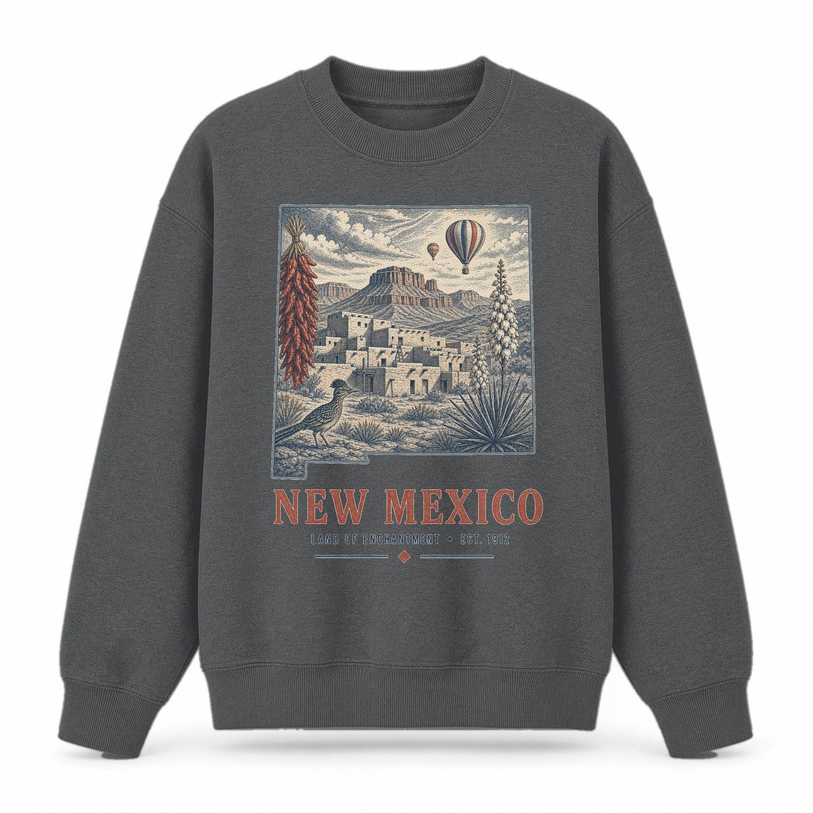 Vintage New Mexico State Graphic Crewneck Sweatshirt in Dark Gray, front view on a white background