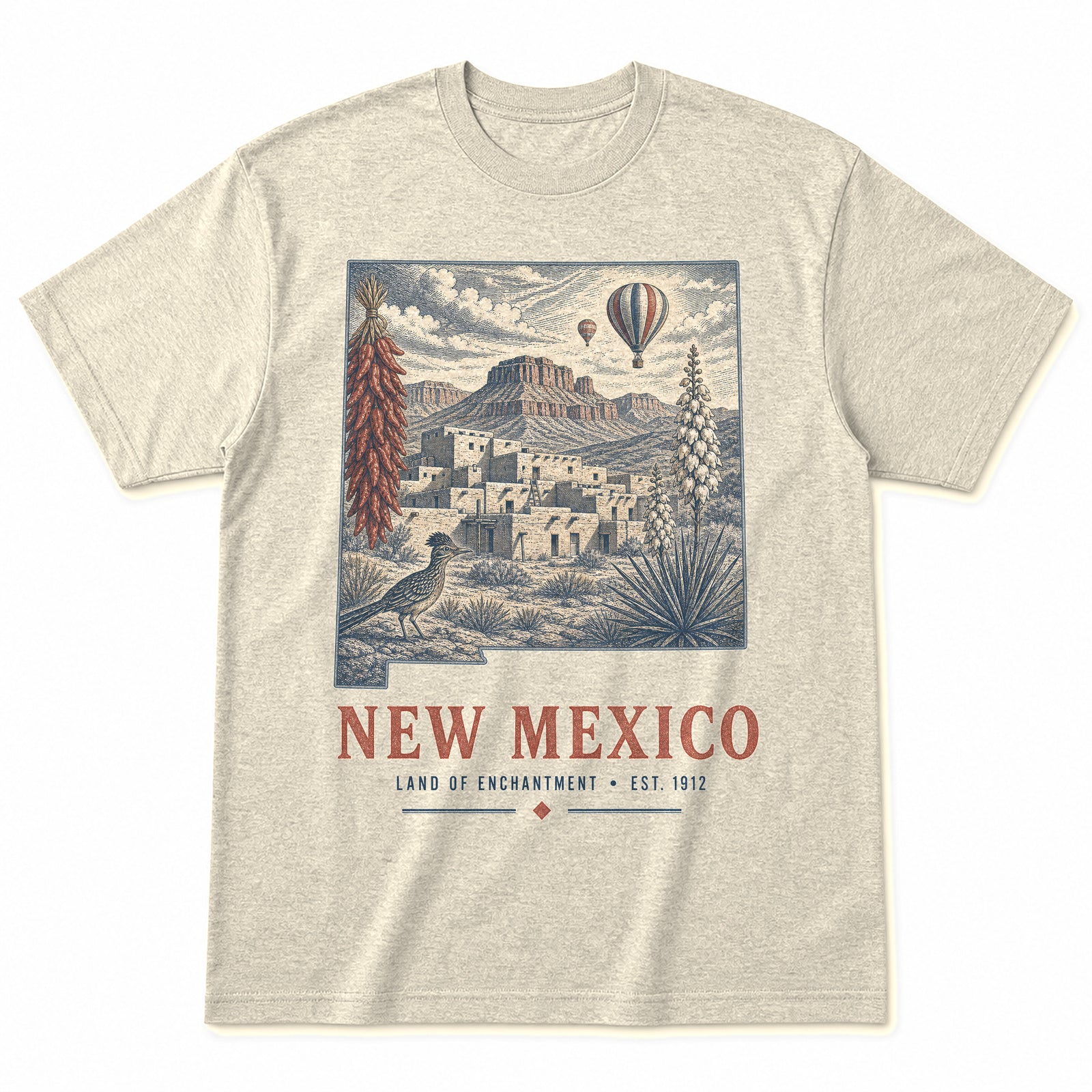 Vintage New Mexico State Graphic T-Shirt in Natural Cream, front view on a white background