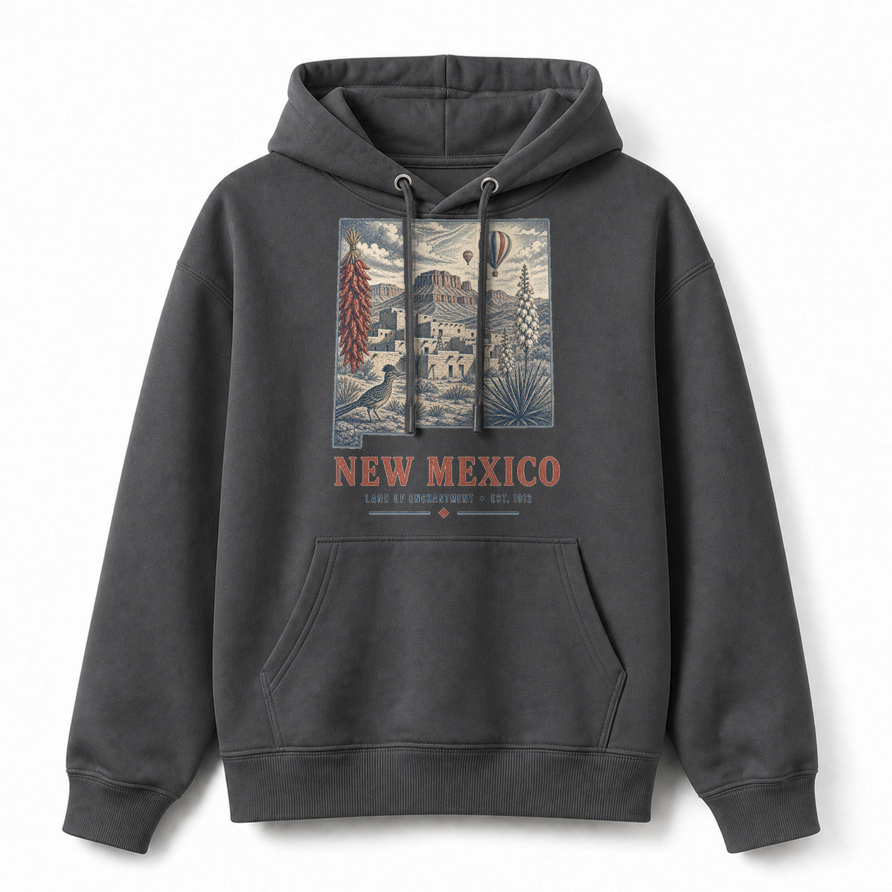 Vintage New Mexico State Graphic Pullover Hoodie in Dark Gray, front view on a white background