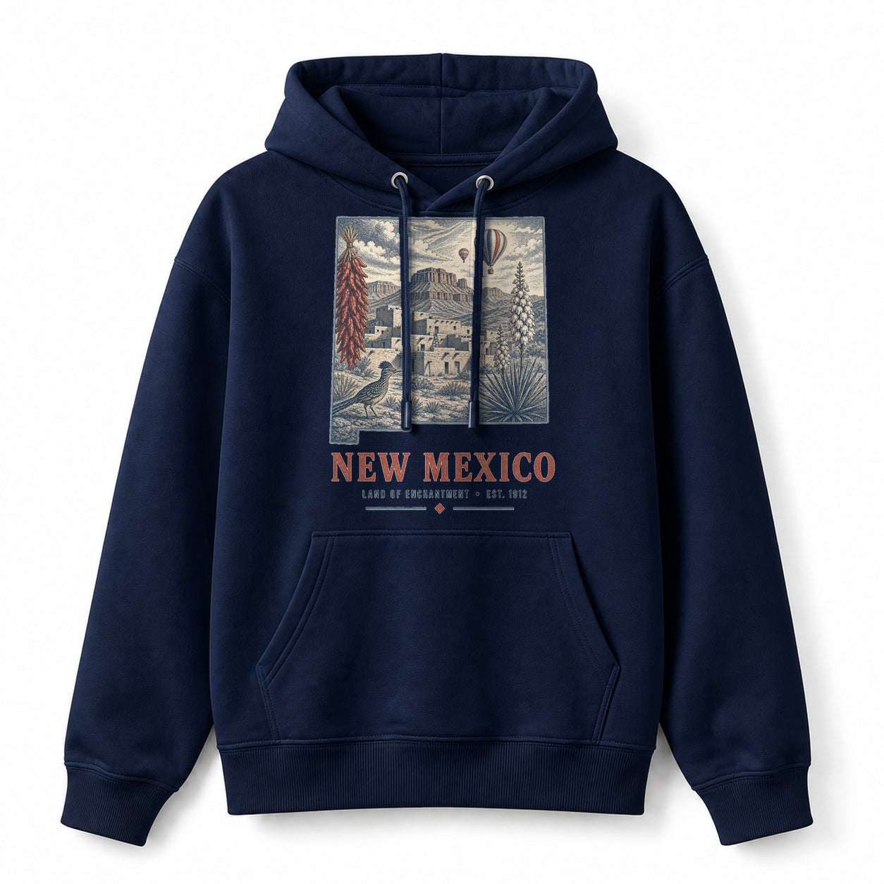 Vintage New Mexico State Graphic Pullover Hoodie in Navy, front view on a white background