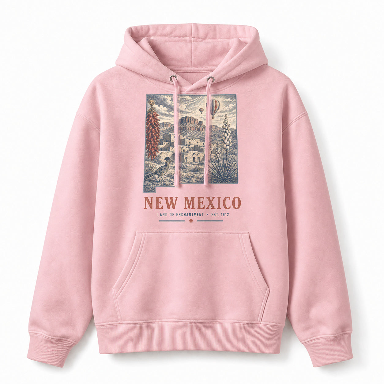 Vintage New Mexico State Graphic Pullover Hoodie in Light Pink, front view on a white background
