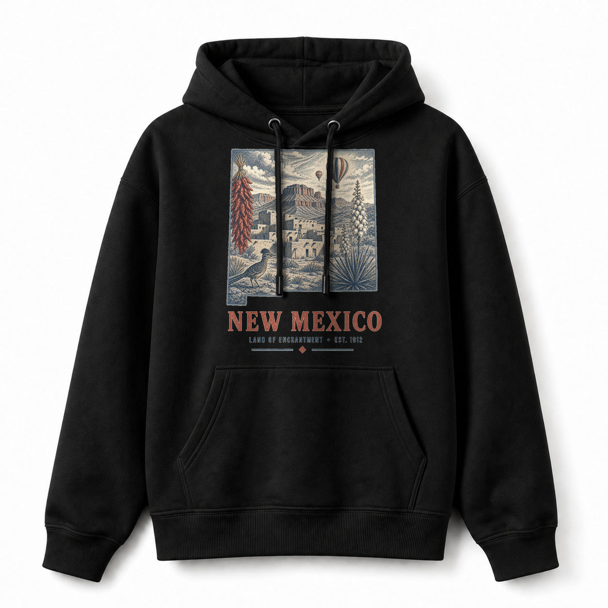 Vintage New Mexico State Graphic Pullover Hoodie in Black, front view on a white background