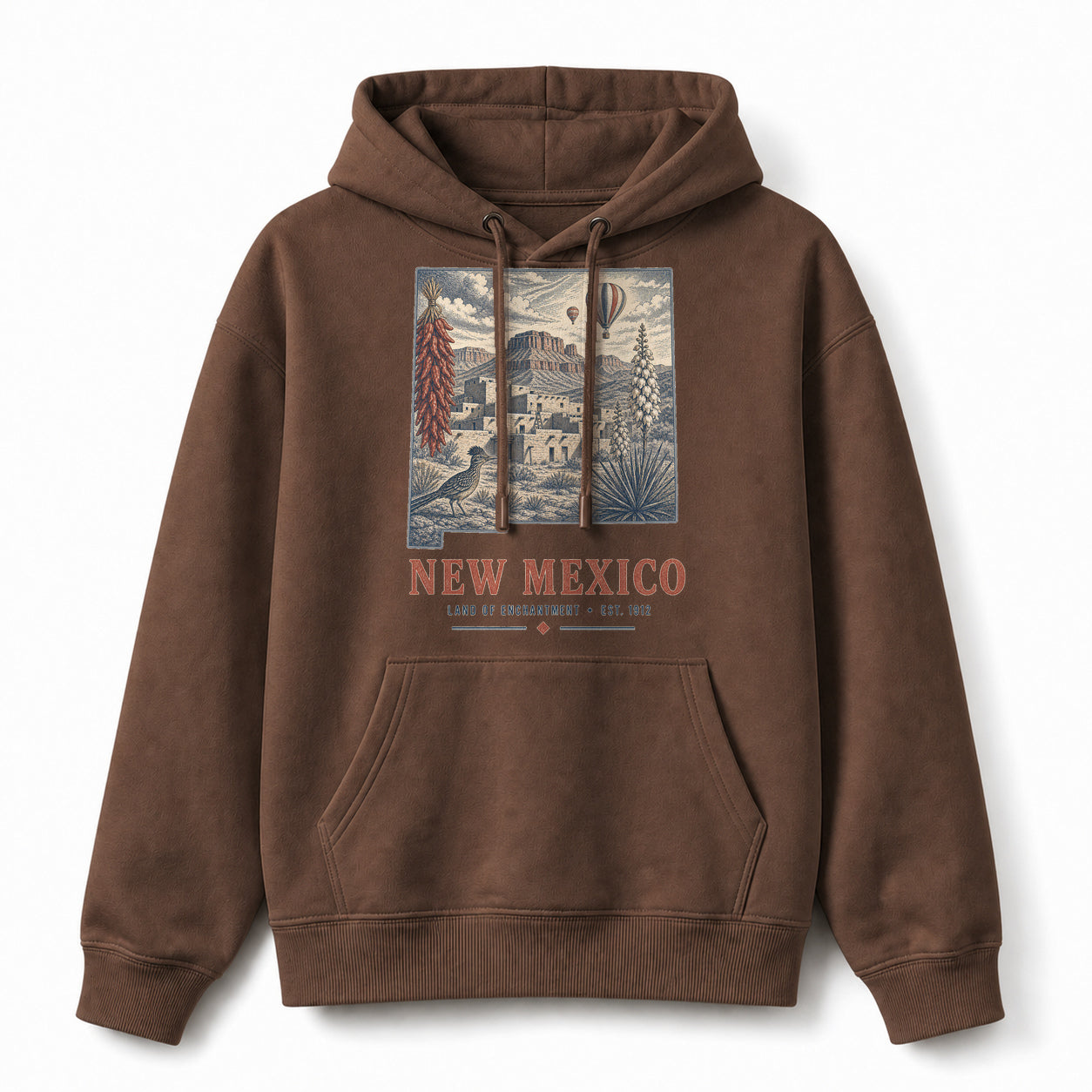 Vintage New Mexico State Graphic Pullover Hoodie in Coffee Brown, front view on a white background