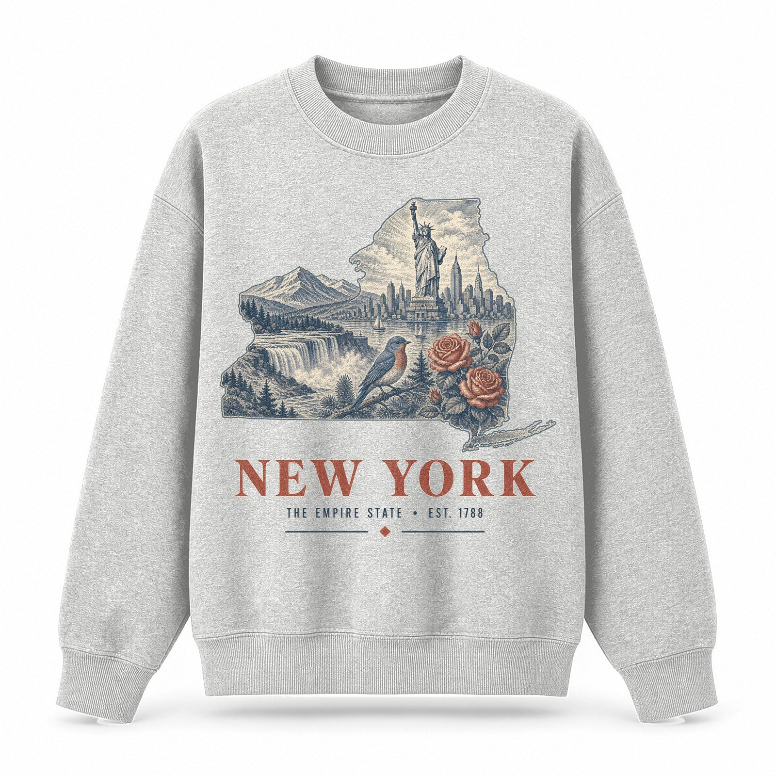Vintage New York State Graphic Crewneck Sweatshirt in Light Gray, front view on a white background