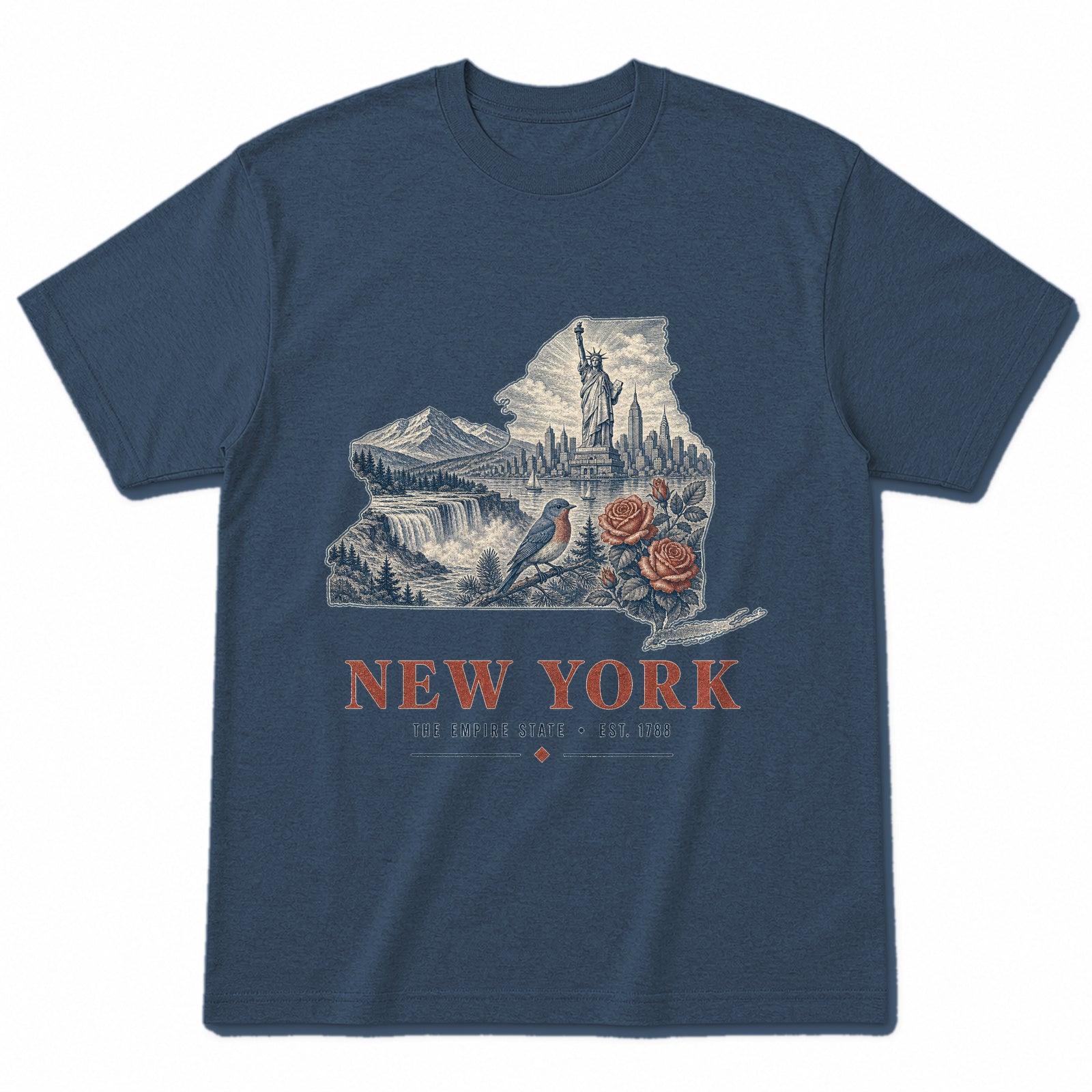 Vintage New York State Graphic T-Shirt in Washed Navy, front view on a white background