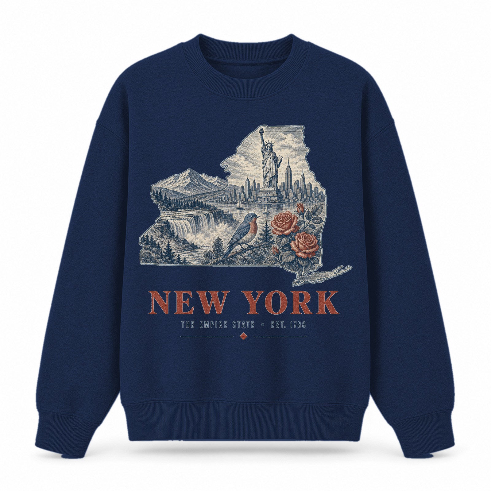 Vintage New York State Graphic Crewneck Sweatshirt in Navy, front view on a white background