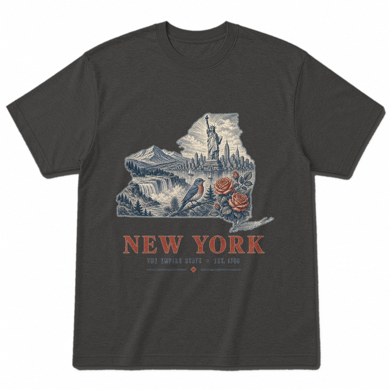 Vintage New York State Graphic T-Shirt in Vintage Charcoal, front view on a white background