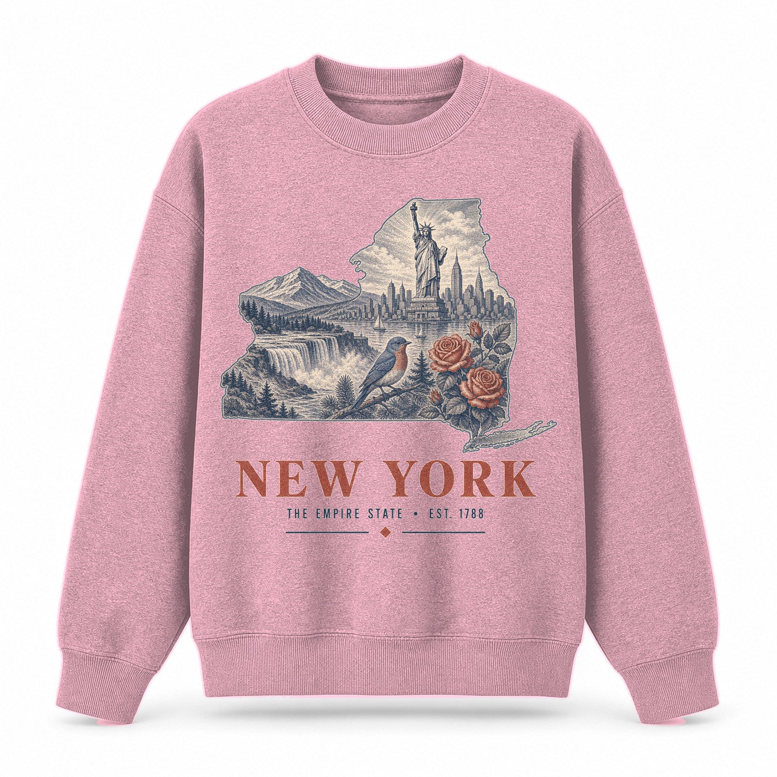 Vintage New York State Graphic Crewneck Sweatshirt in Pink, front view on a white background