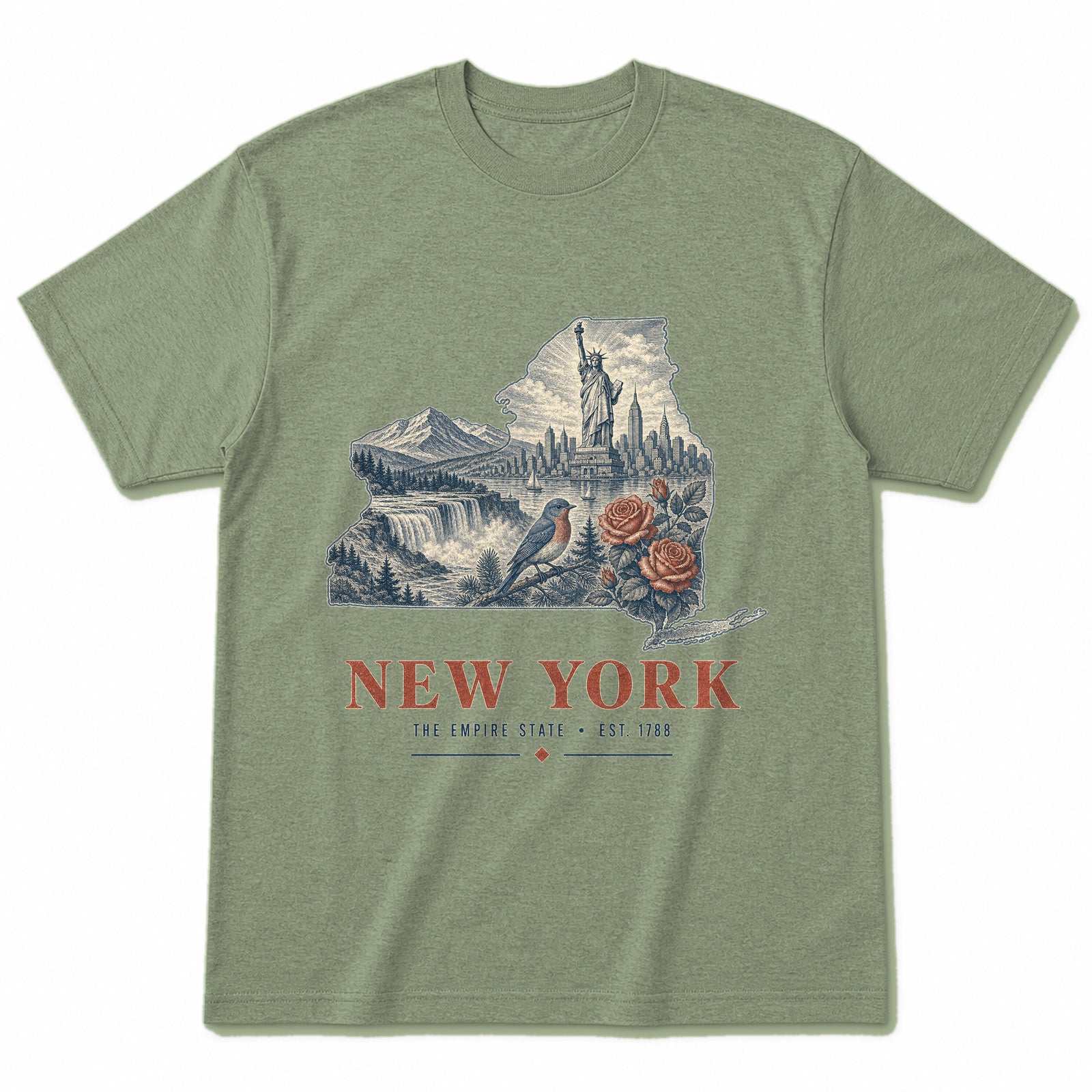 Vintage New York State Graphic T-Shirt in Light Sage Green, front view on a white background