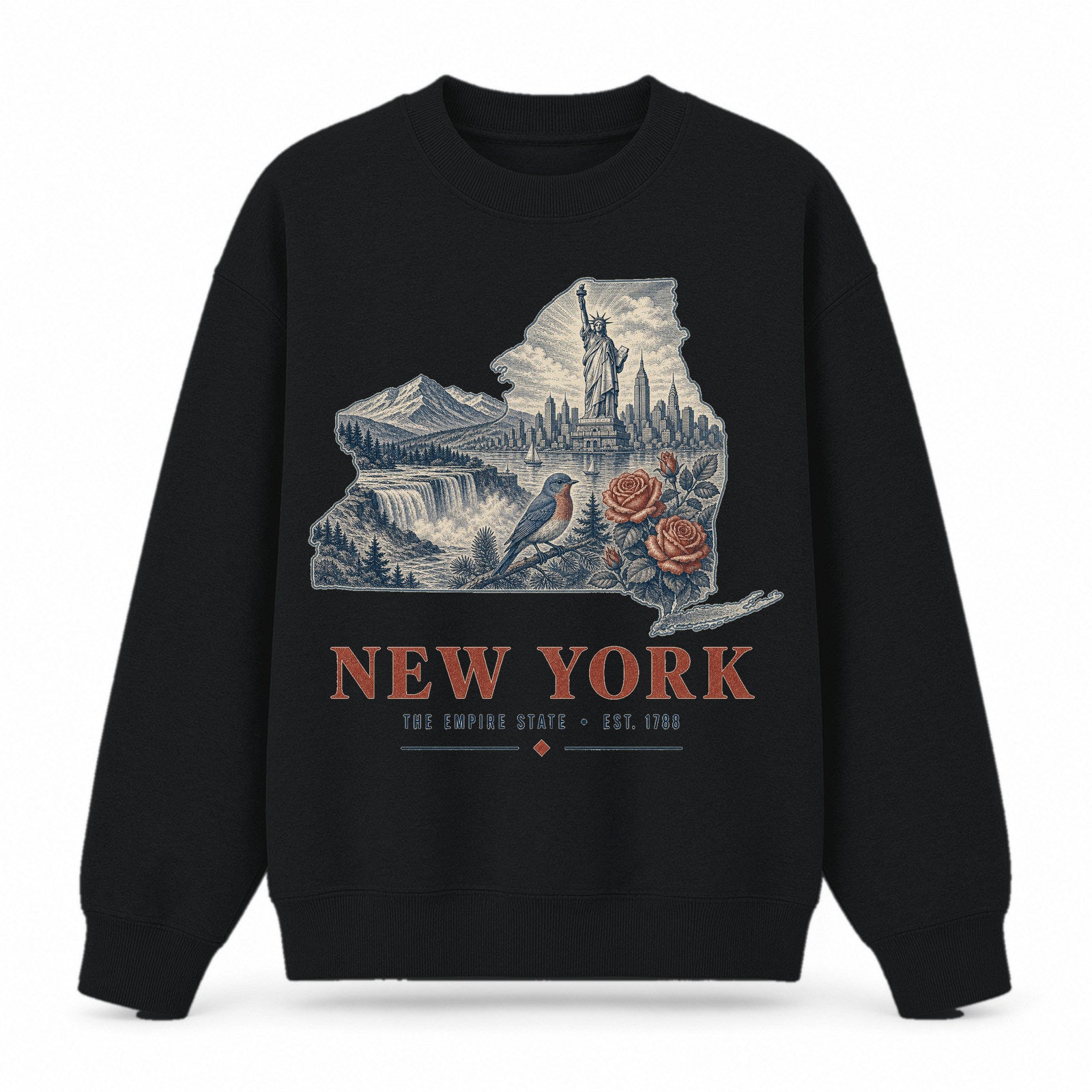 Vintage New York State Graphic Crewneck Sweatshirt in Black, front view on a white background