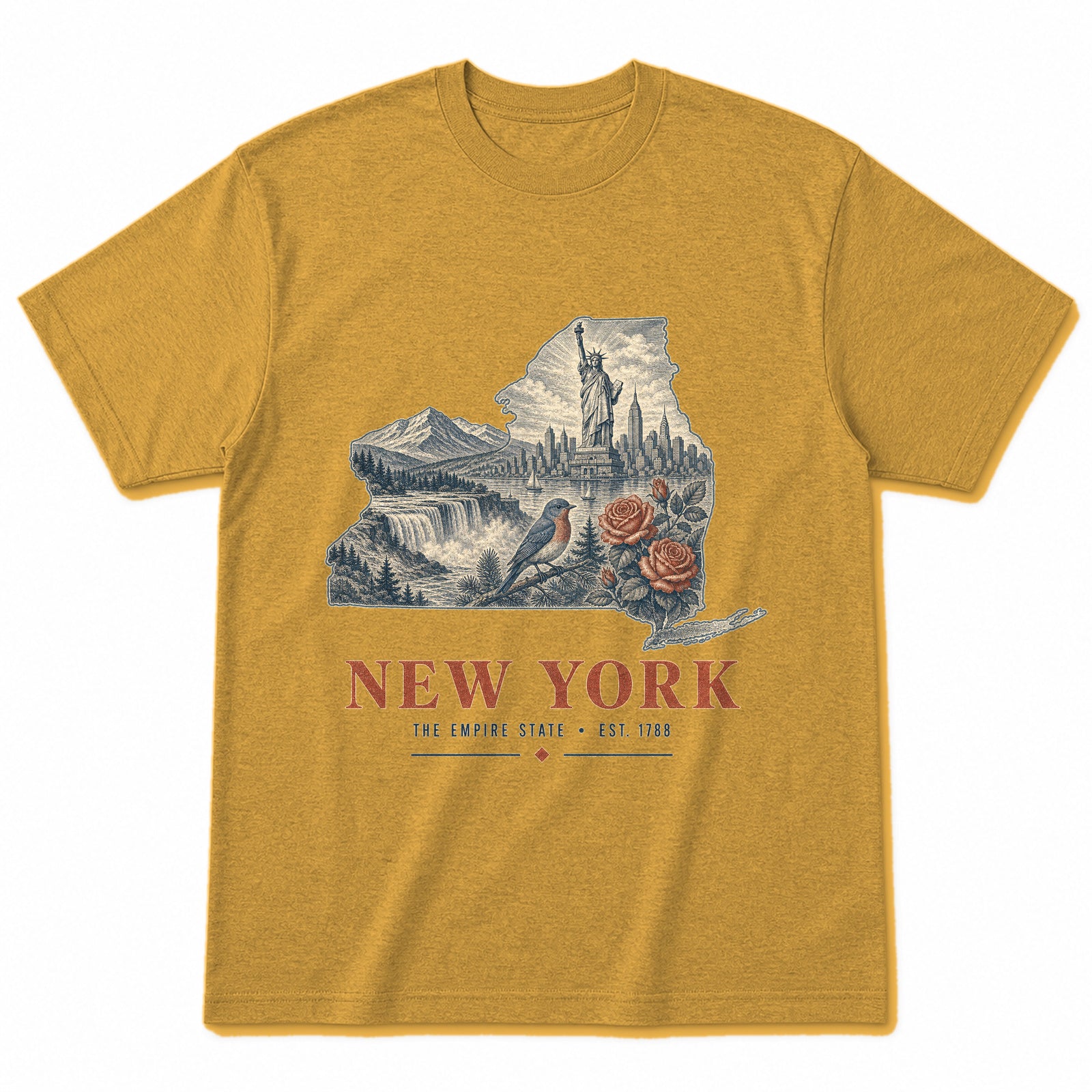 Vintage New York State Graphic T-Shirt in Vintage Mustard Yellow, front view on a white background