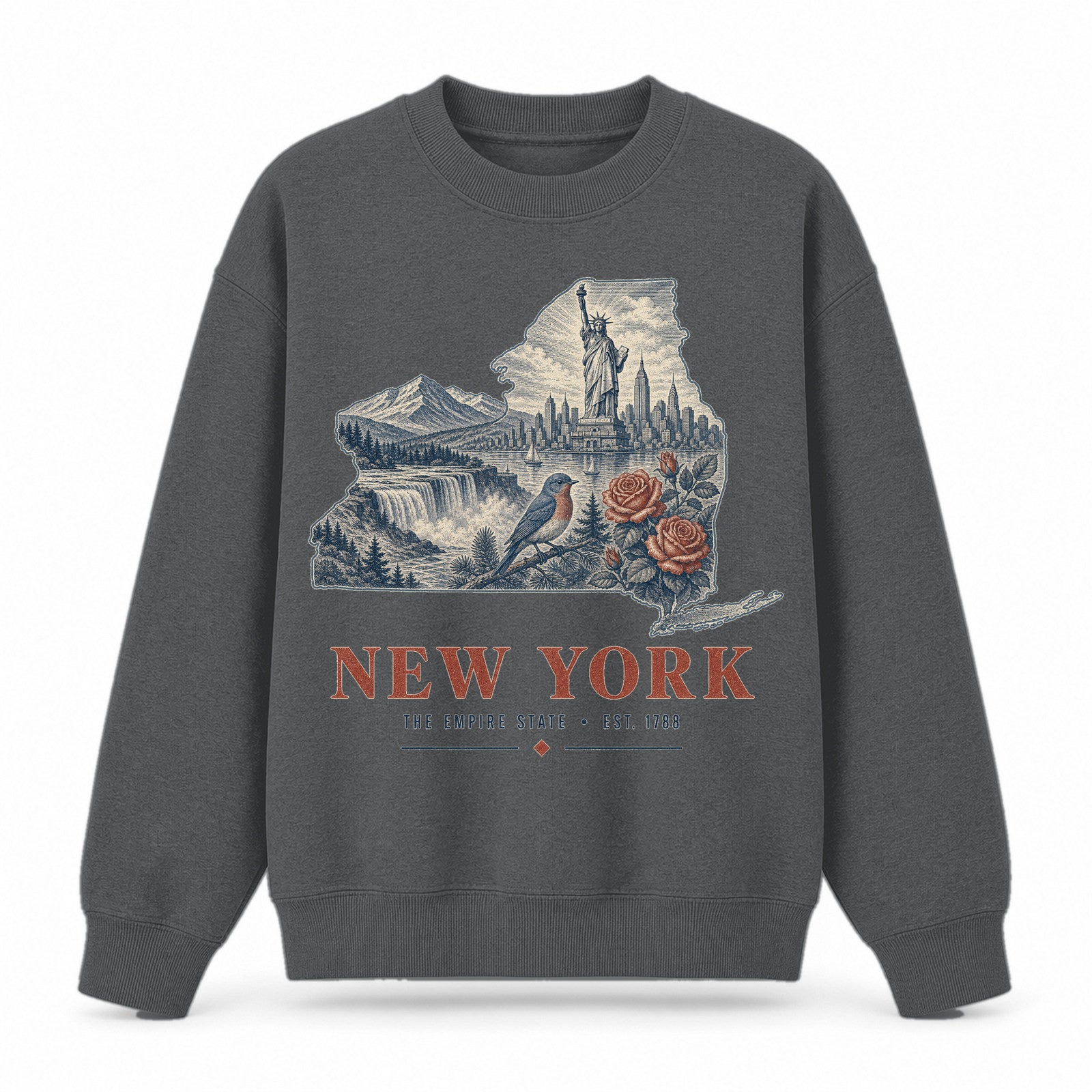 Vintage New York State Graphic Crewneck Sweatshirt in Dark Gray, front view on a white background