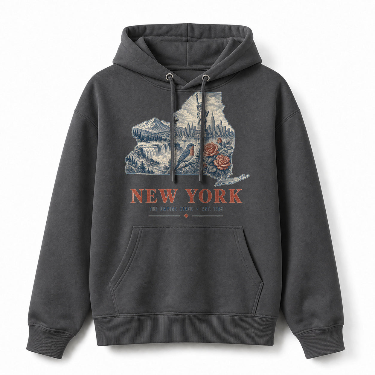 Vintage New York State Graphic Pullover Hoodie in Dark Gray, front view on a white background