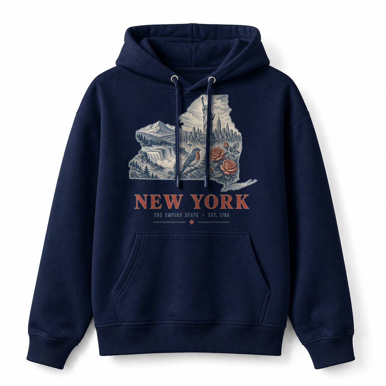 Vintage New York State Graphic Pullover Hoodie in Navy, front view on a white background