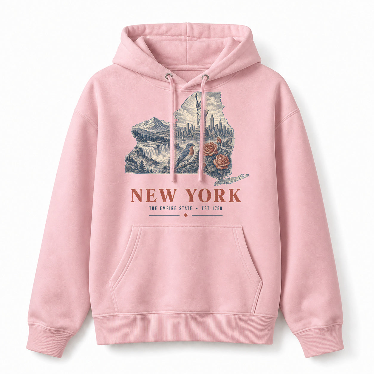 Vintage New York State Graphic Pullover Hoodie in Light Pink, front view on a white background