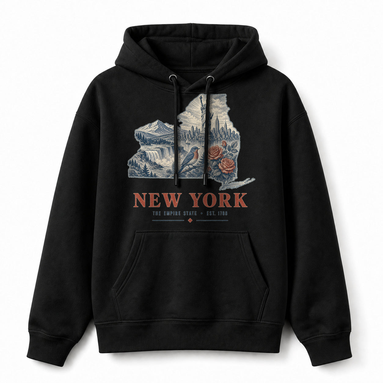 Vintage New York State Graphic Pullover Hoodie in Black, front view on a white background