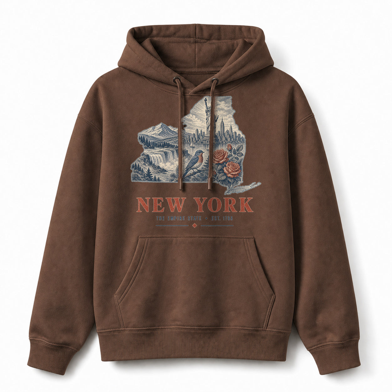 Vintage New York State Graphic Pullover Hoodie in Coffee Brown, front view on a white background
