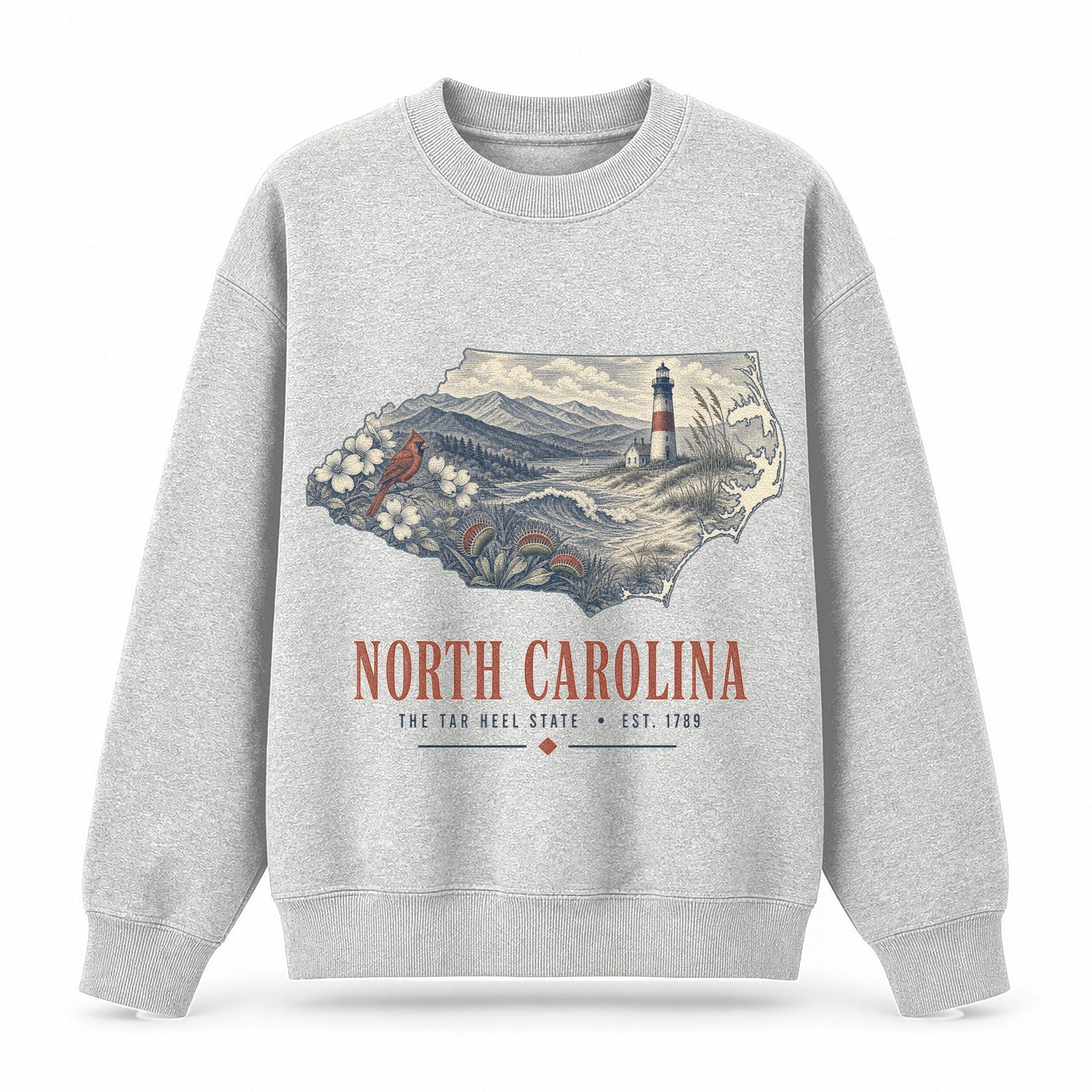 Vintage North Carolina State Graphic Crewneck Sweatshirt in Light Gray, front view on a white background