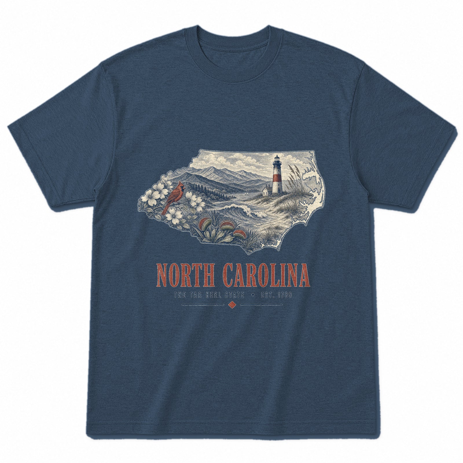 Vintage North Carolina State Graphic T-Shirt in Washed Navy, front view on a white background