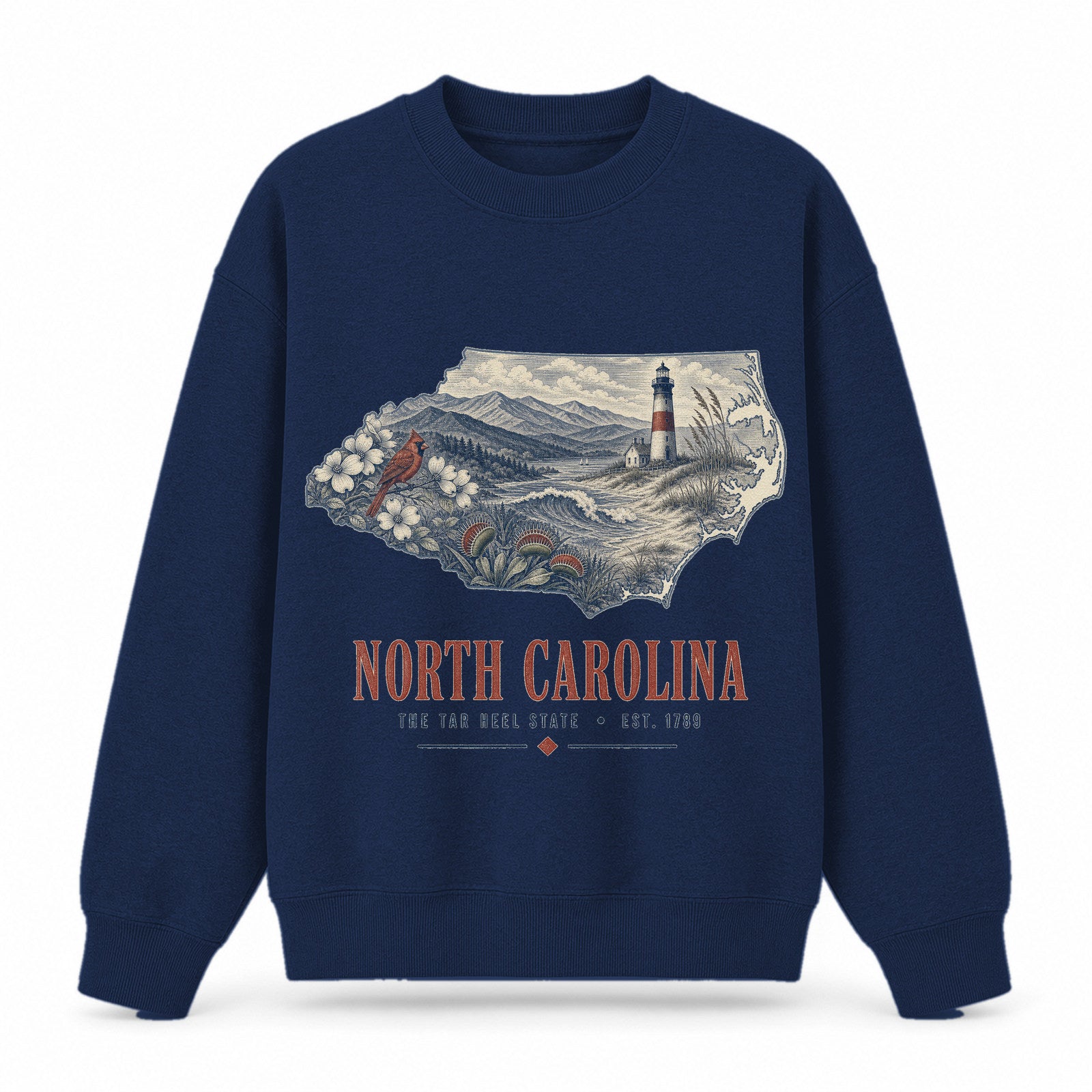 Vintage North Carolina State Graphic Crewneck Sweatshirt in Navy, front view on a white background
