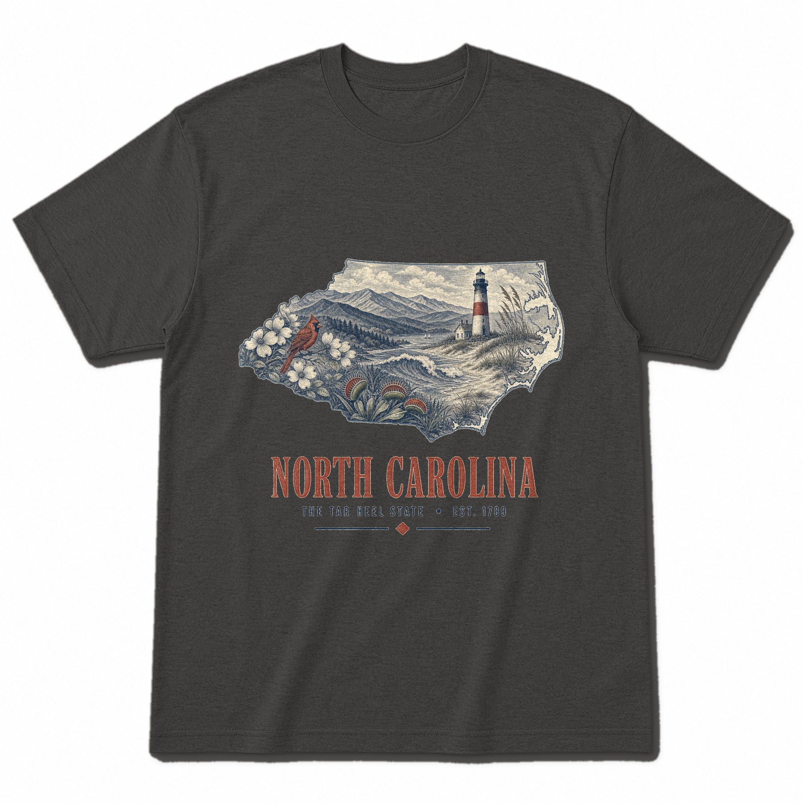 Vintage North Carolina State Graphic T-Shirt in Vintage Charcoal, front view on a white background