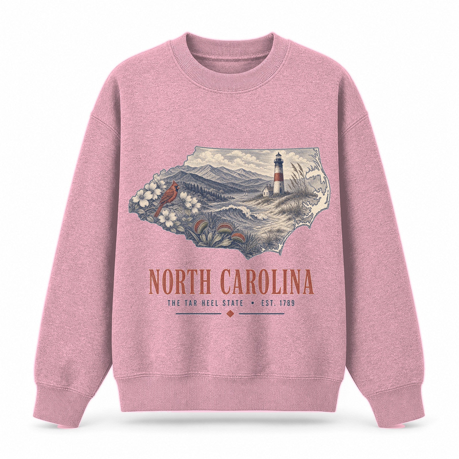 Vintage North Carolina State Graphic Crewneck Sweatshirt in Pink, front view on a white background