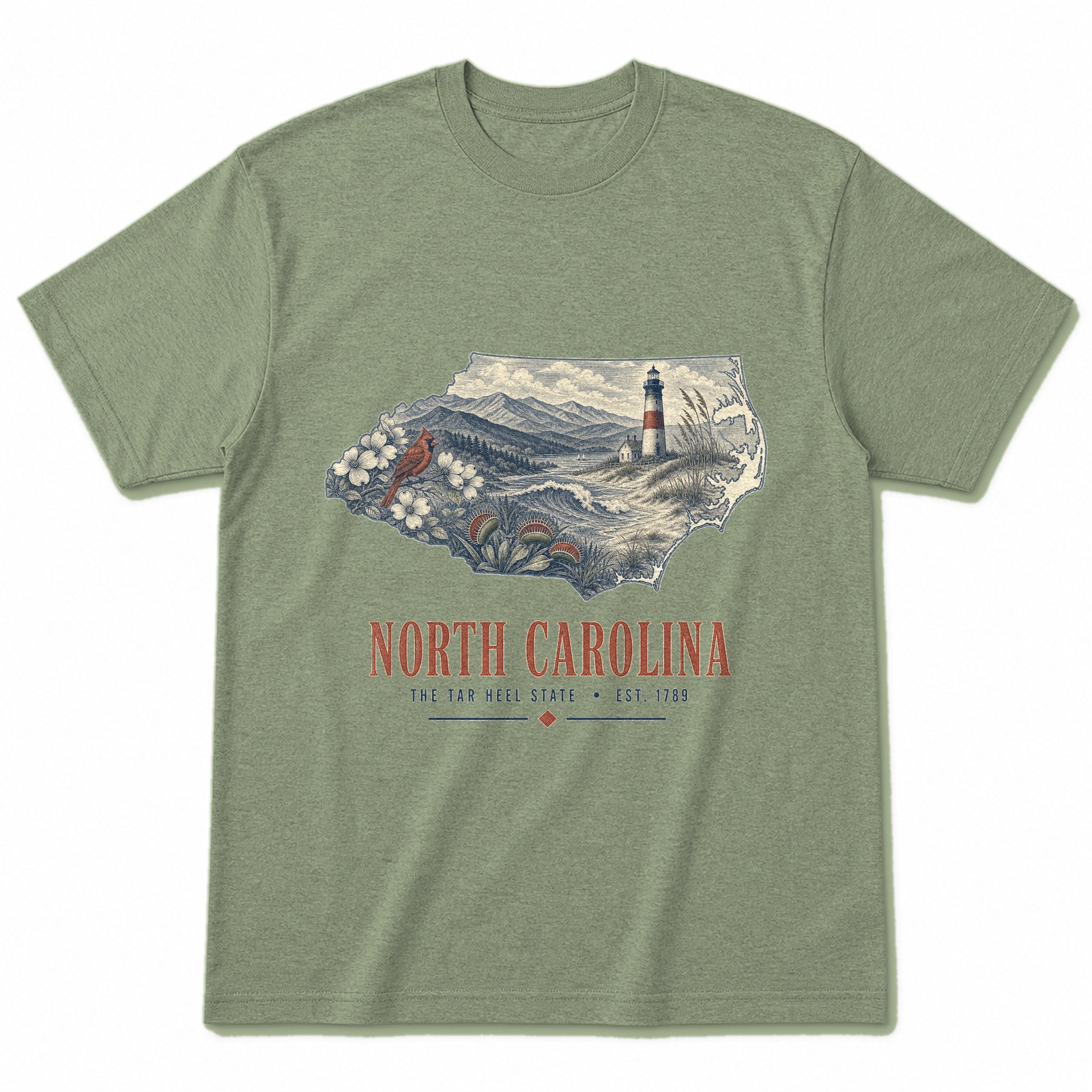 Vintage North Carolina State Graphic T-Shirt in Light Sage Green, front view on a white background