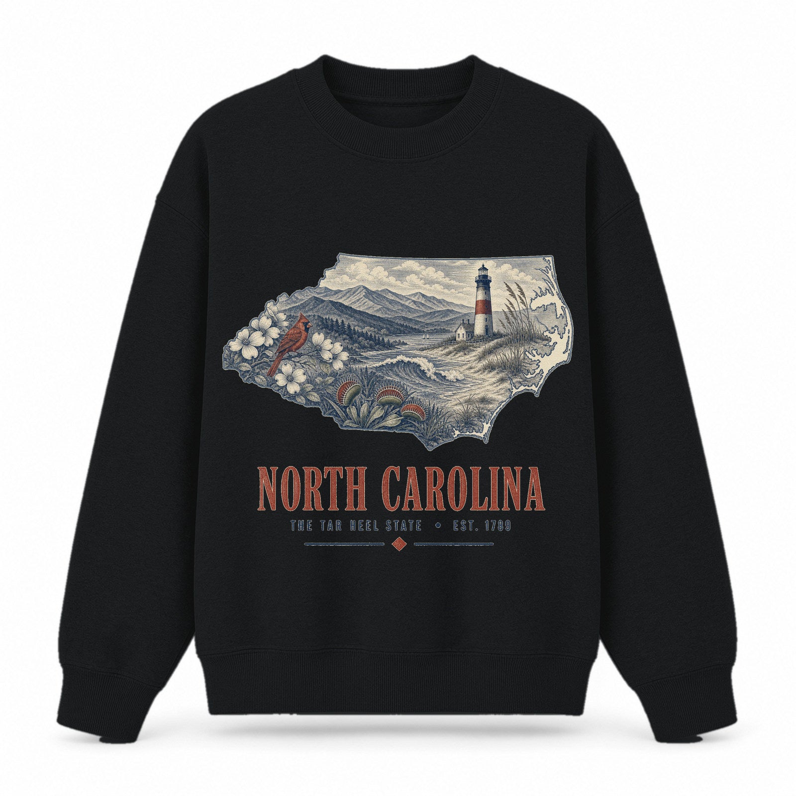 Vintage North Carolina State Graphic Crewneck Sweatshirt in Black, front view on a white background