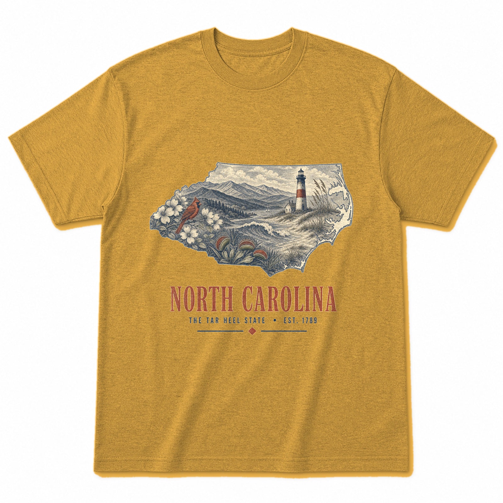 Vintage North Carolina State Graphic T-Shirt in Vintage Mustard Yellow, front view on a white background