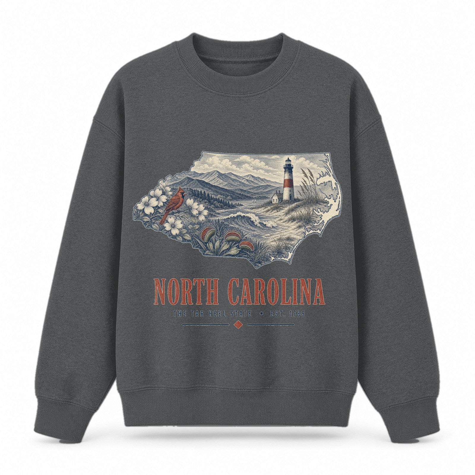 Vintage North Carolina State Graphic Crewneck Sweatshirt in Dark Gray, front view on a white background