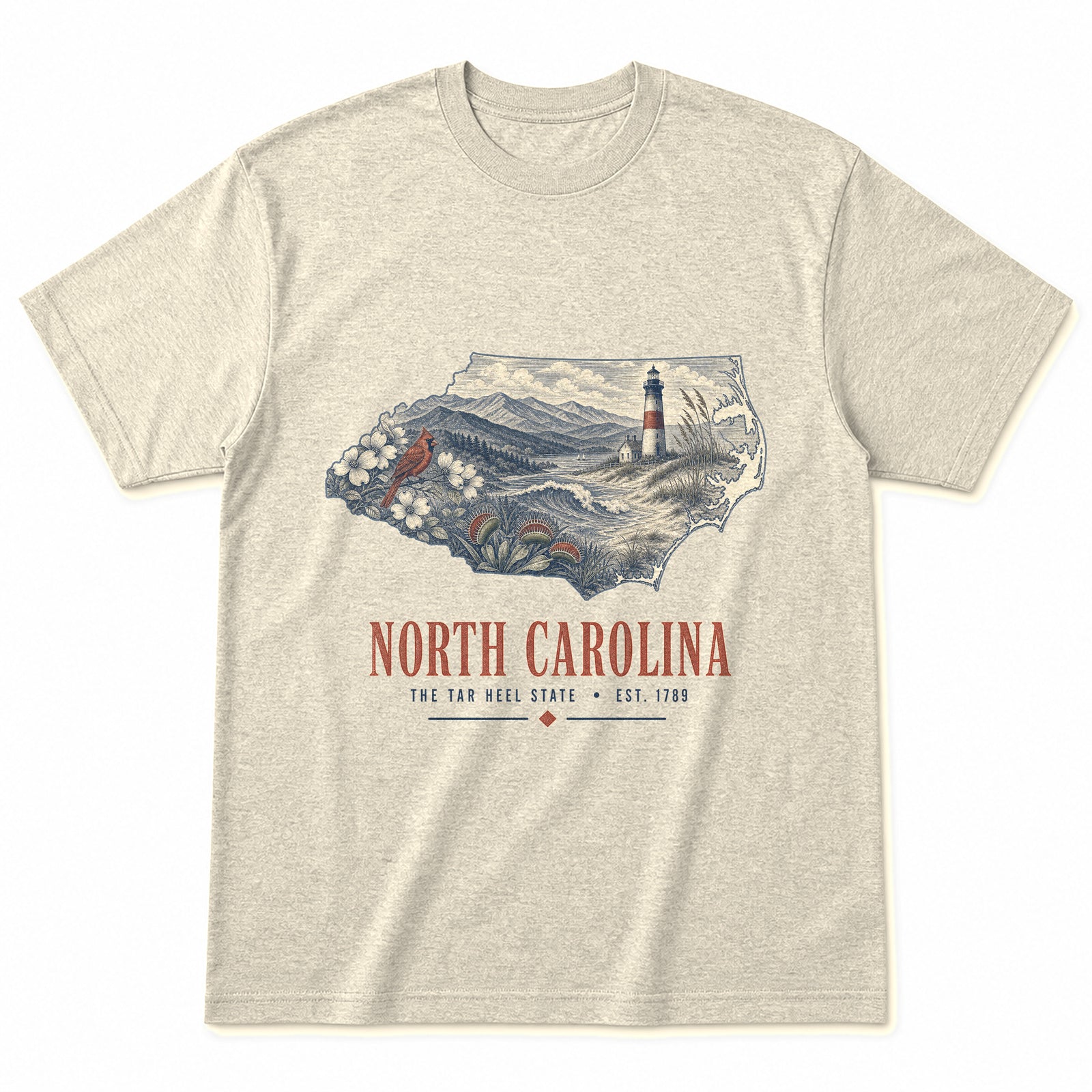 Vintage North Carolina State Graphic T-Shirt in Natural Cream, front view on a white background