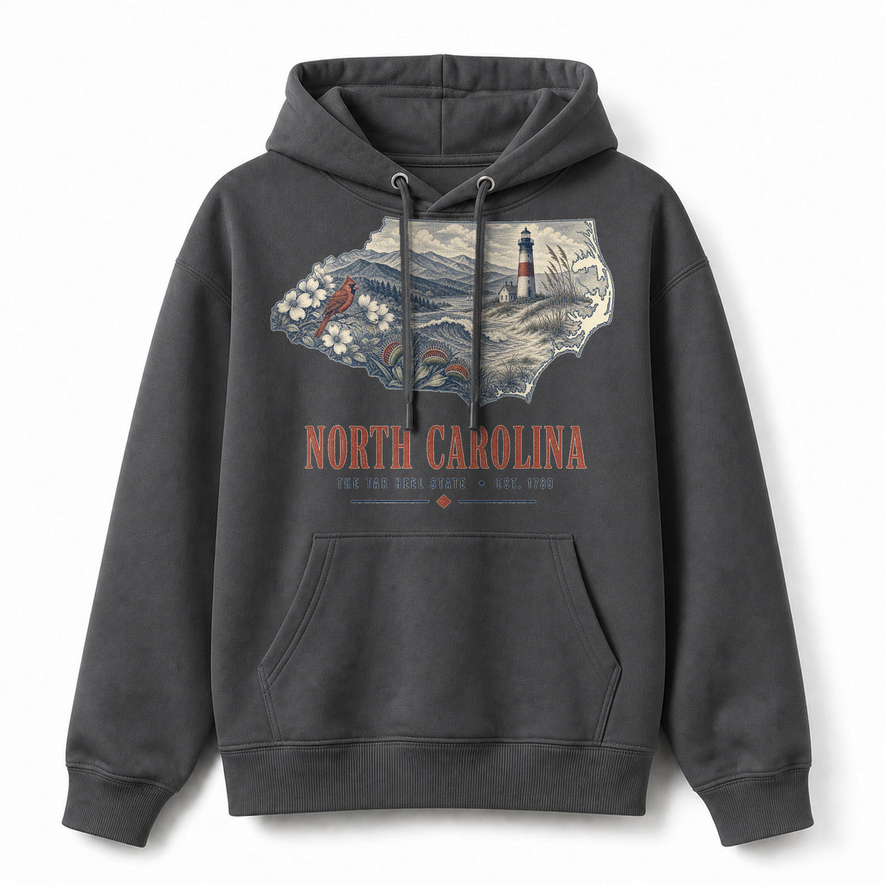Vintage North Carolina State Graphic Pullover Hoodie in Dark Gray, front view on a white background
