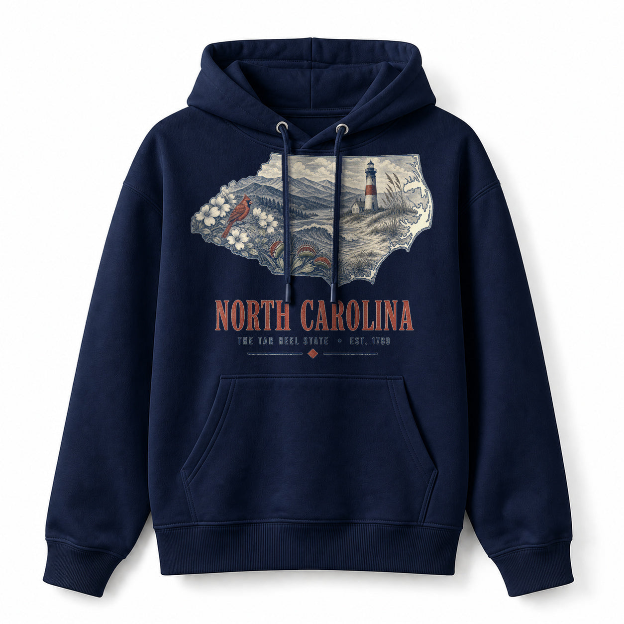 Vintage North Carolina State Graphic Pullover Hoodie in Navy, front view on a white background