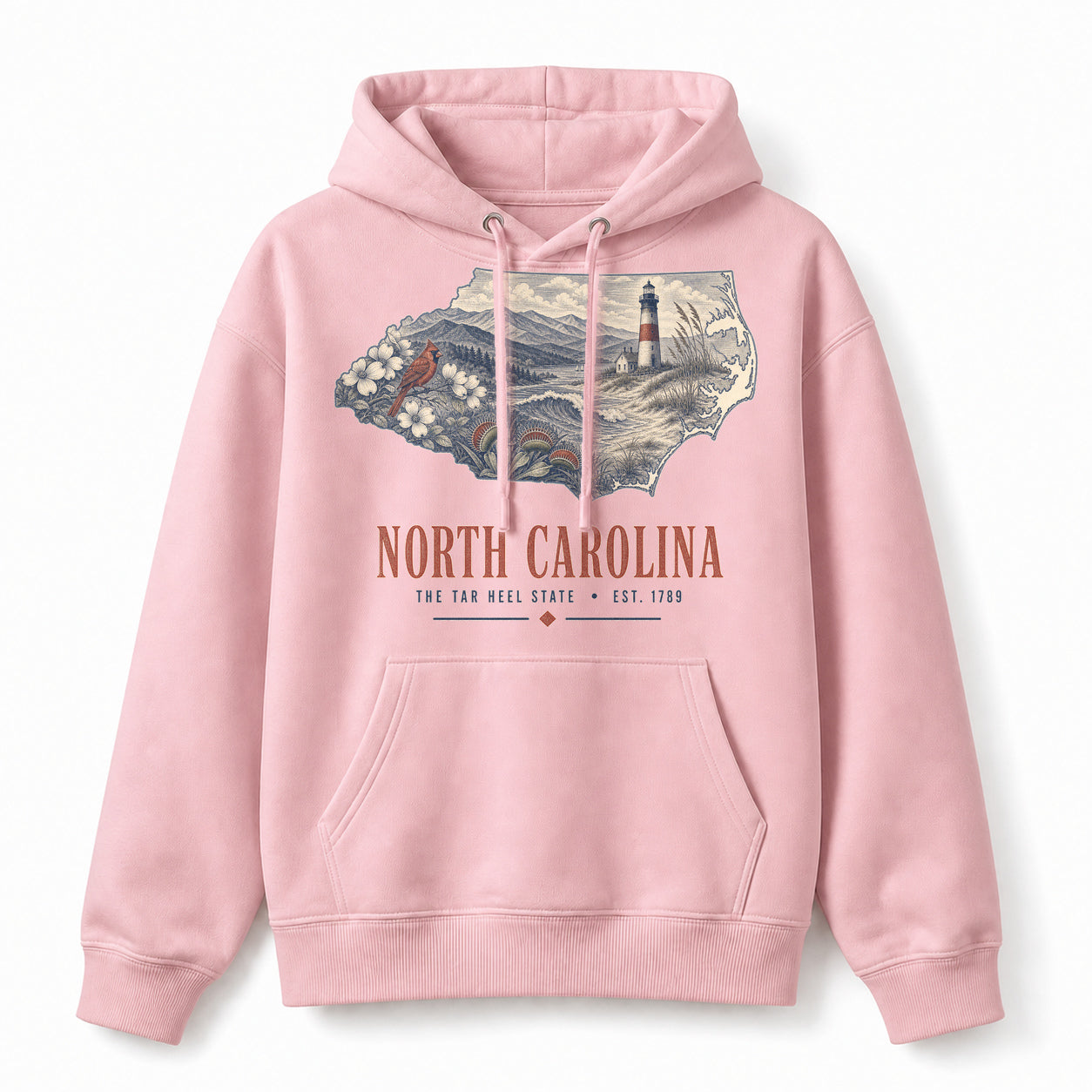 Vintage North Carolina State Graphic Pullover Hoodie in Light Pink, front view on a white background
