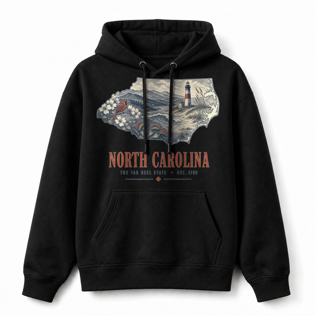 Vintage North Carolina State Graphic Pullover Hoodie in Black, front view on a white background