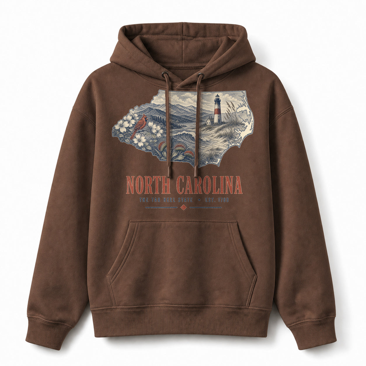 Vintage North Carolina State Graphic Pullover Hoodie in Coffee Brown, front view on a white background