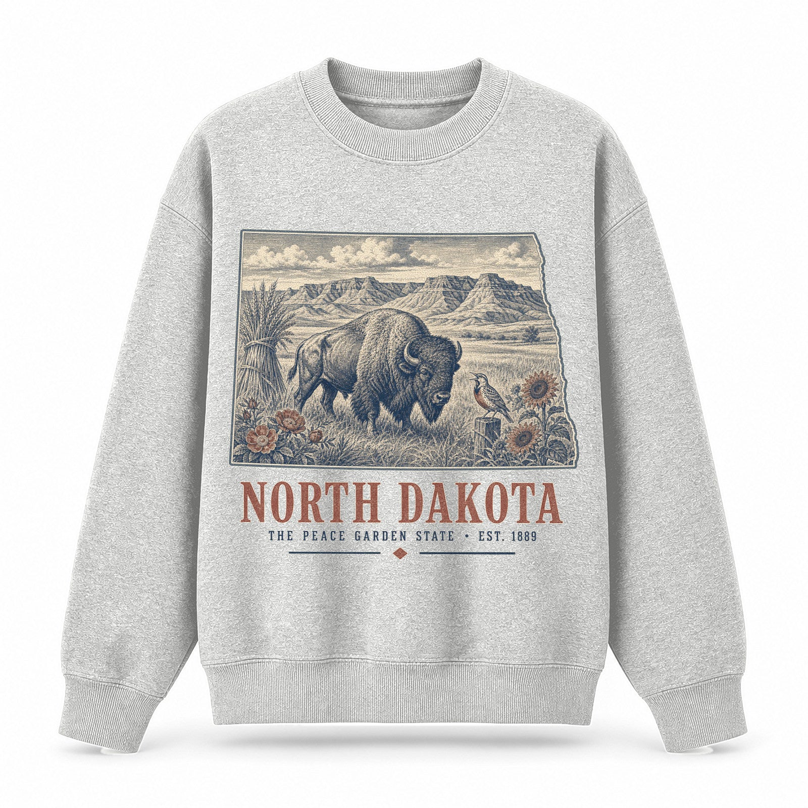 Vintage North Dakota State Graphic Crewneck Sweatshirt in Light Gray, front view on a white background