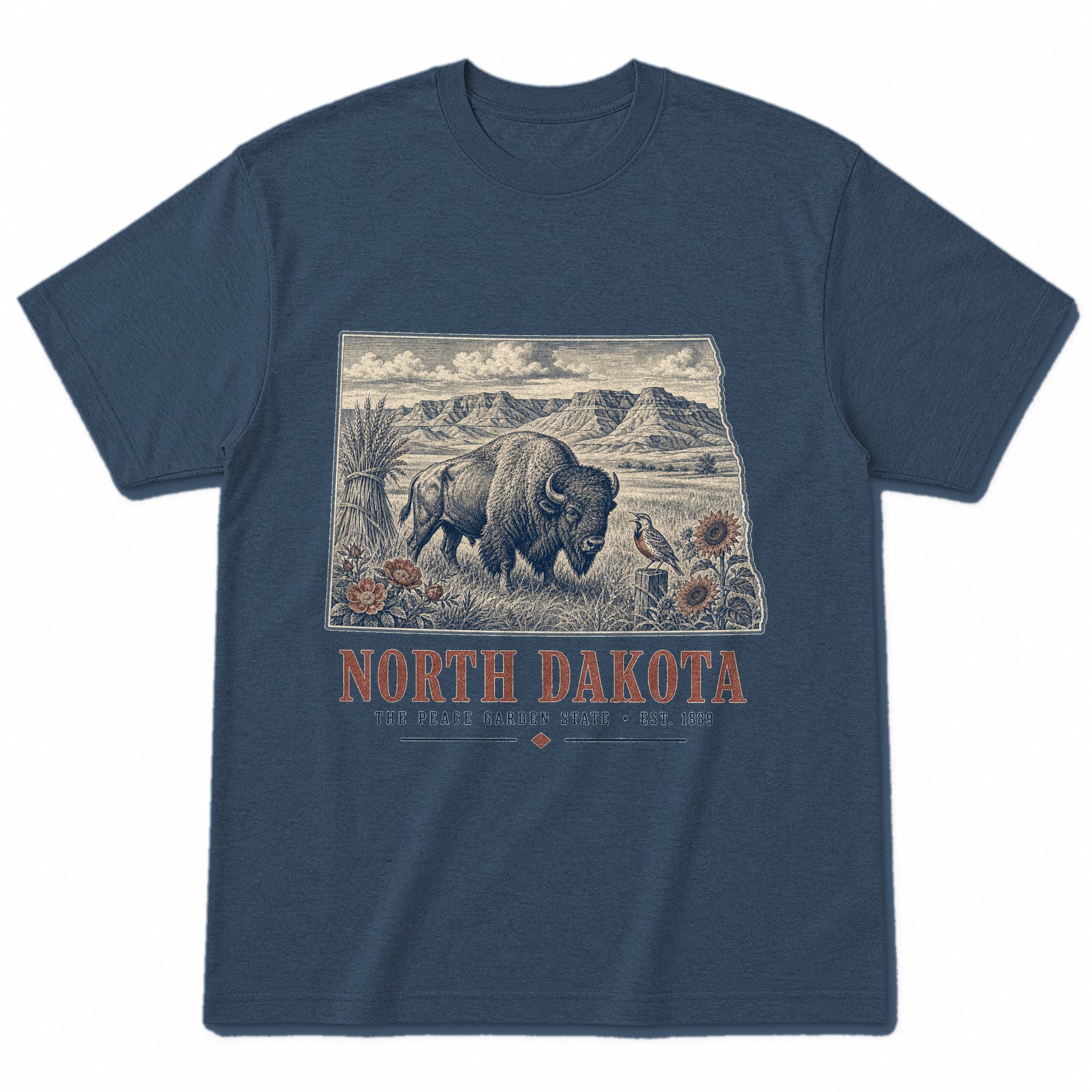 Vintage North Dakota State Graphic T-Shirt in Washed Navy, front view on a white background