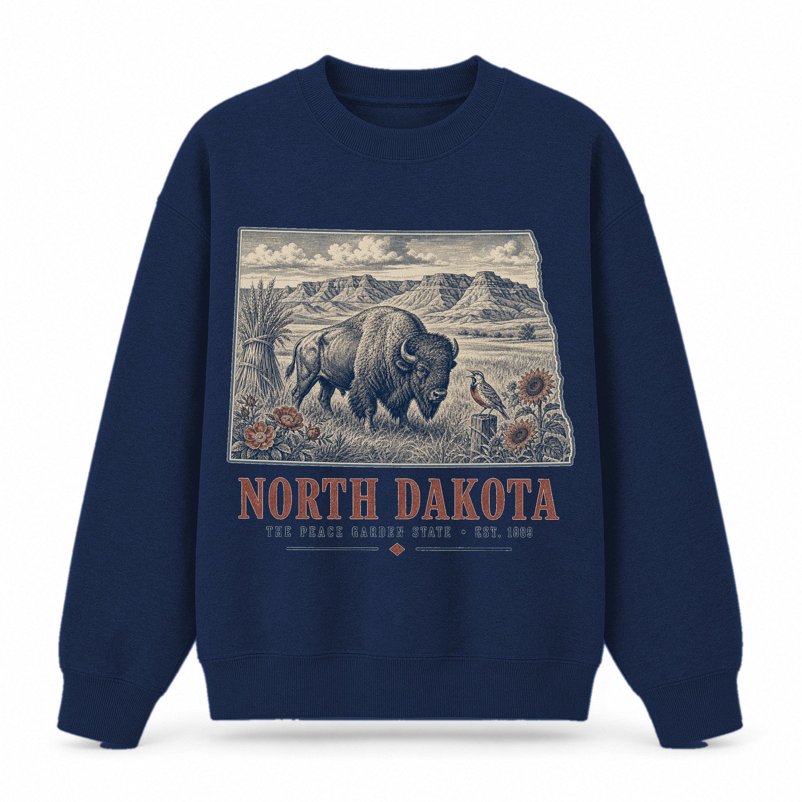 Vintage North Dakota State Graphic Crewneck Sweatshirt in Navy, front view on a white background