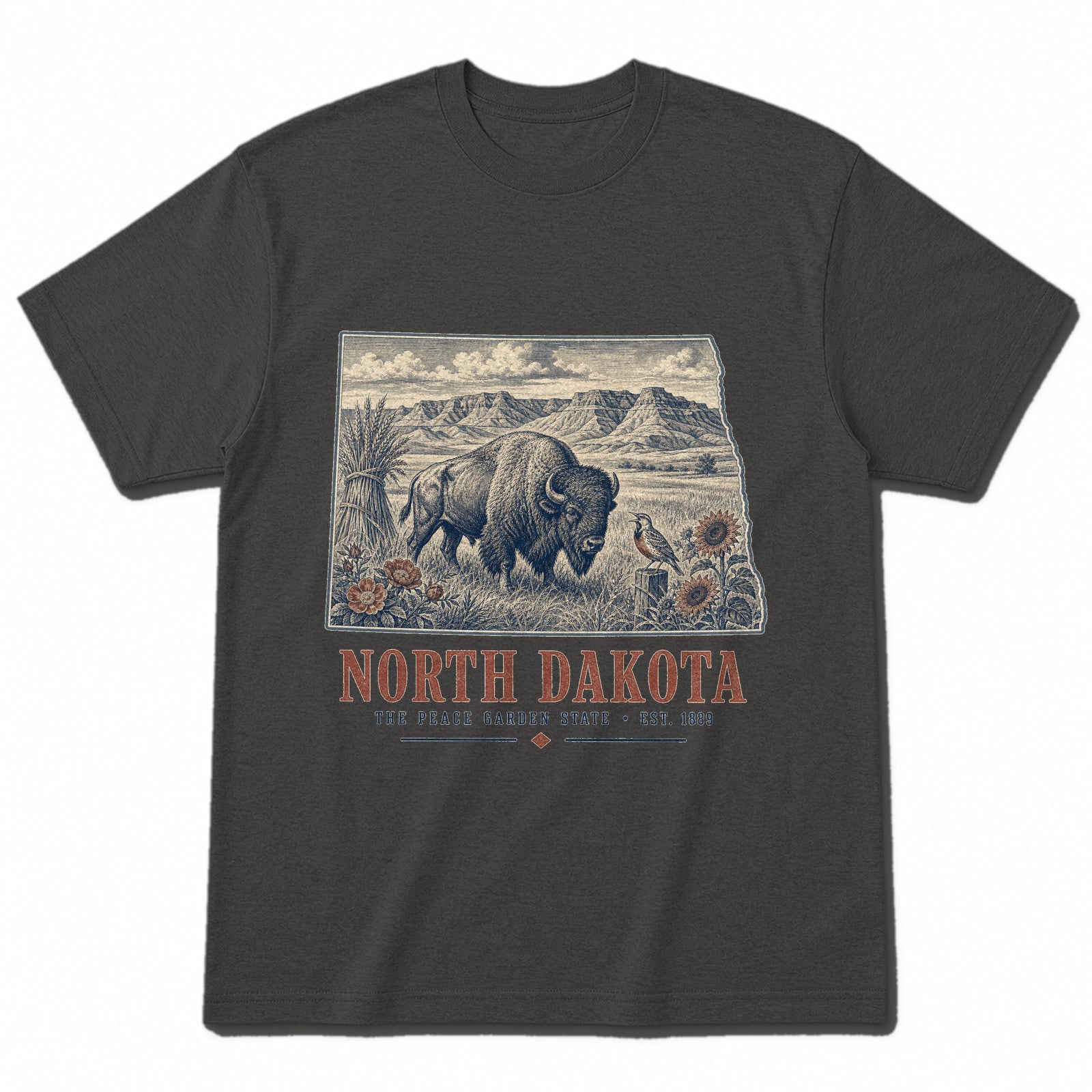 Vintage North Dakota State Graphic T-Shirt in Vintage Charcoal, front view on a white background