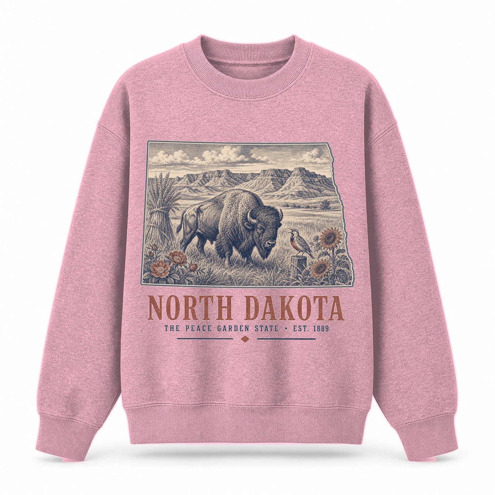 Vintage North Dakota State Graphic Crewneck Sweatshirt in Pink, front view on a white background