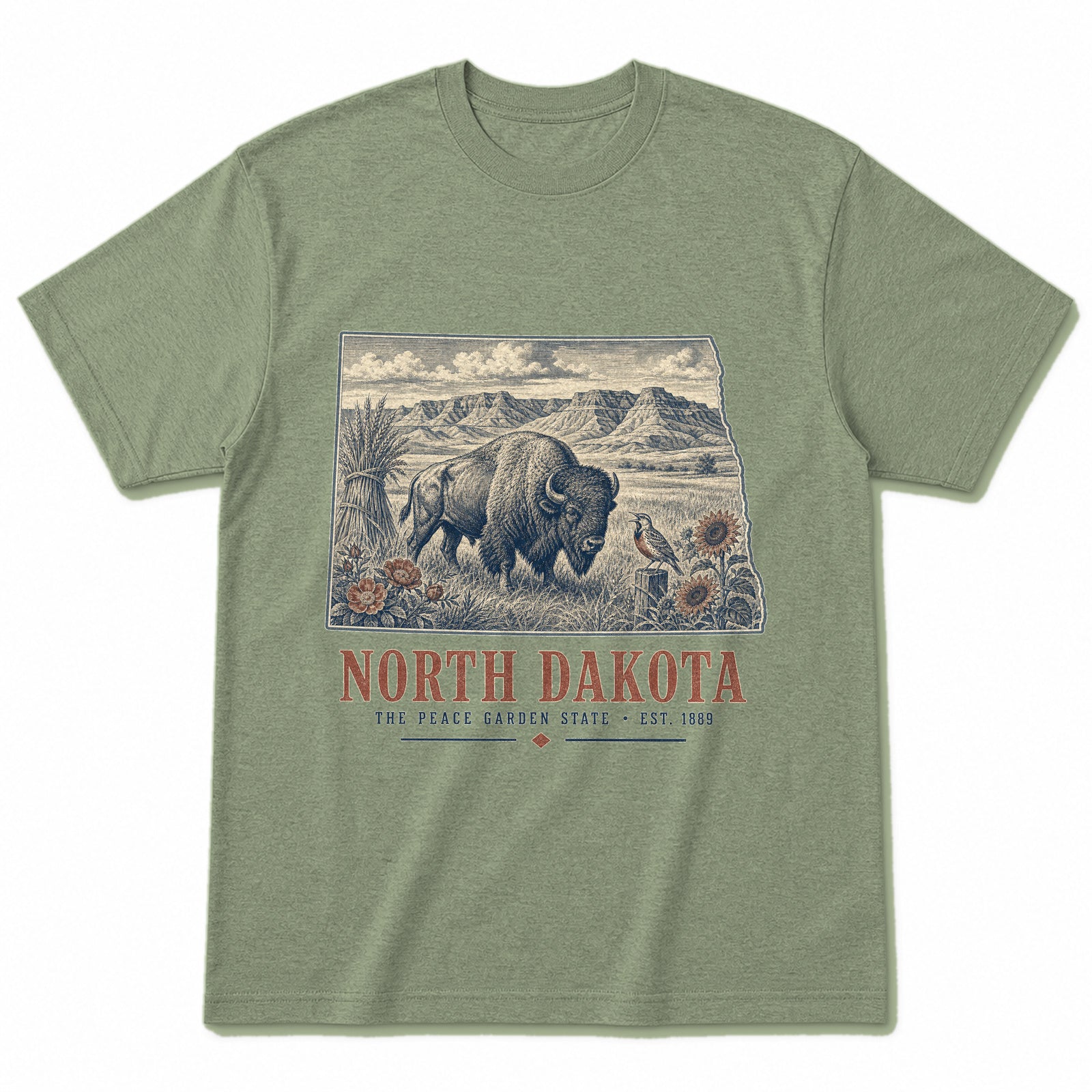 Vintage North Dakota State Graphic T-Shirt in Light Sage Green, front view on a white background