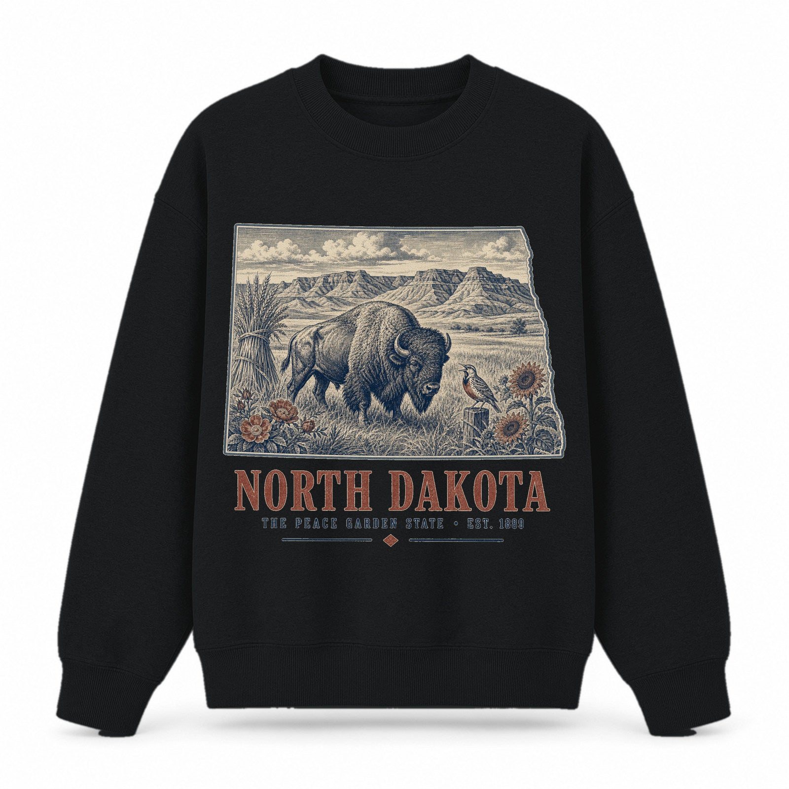 Vintage North Dakota State Graphic Crewneck Sweatshirt in Black, front view on a white background