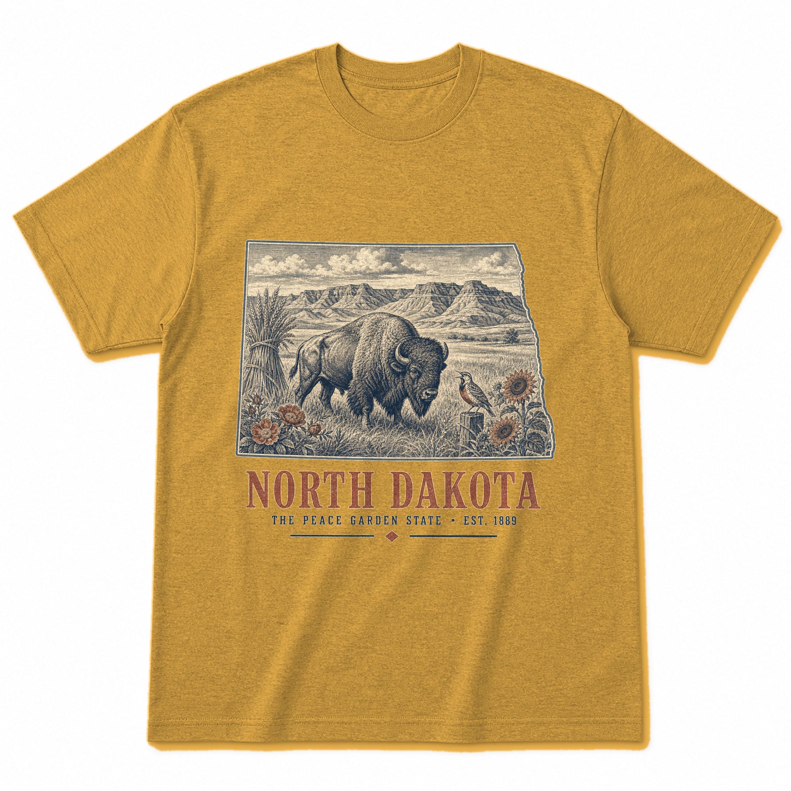 Vintage North Dakota State Graphic T-Shirt in Vintage Mustard Yellow, front view on a white background