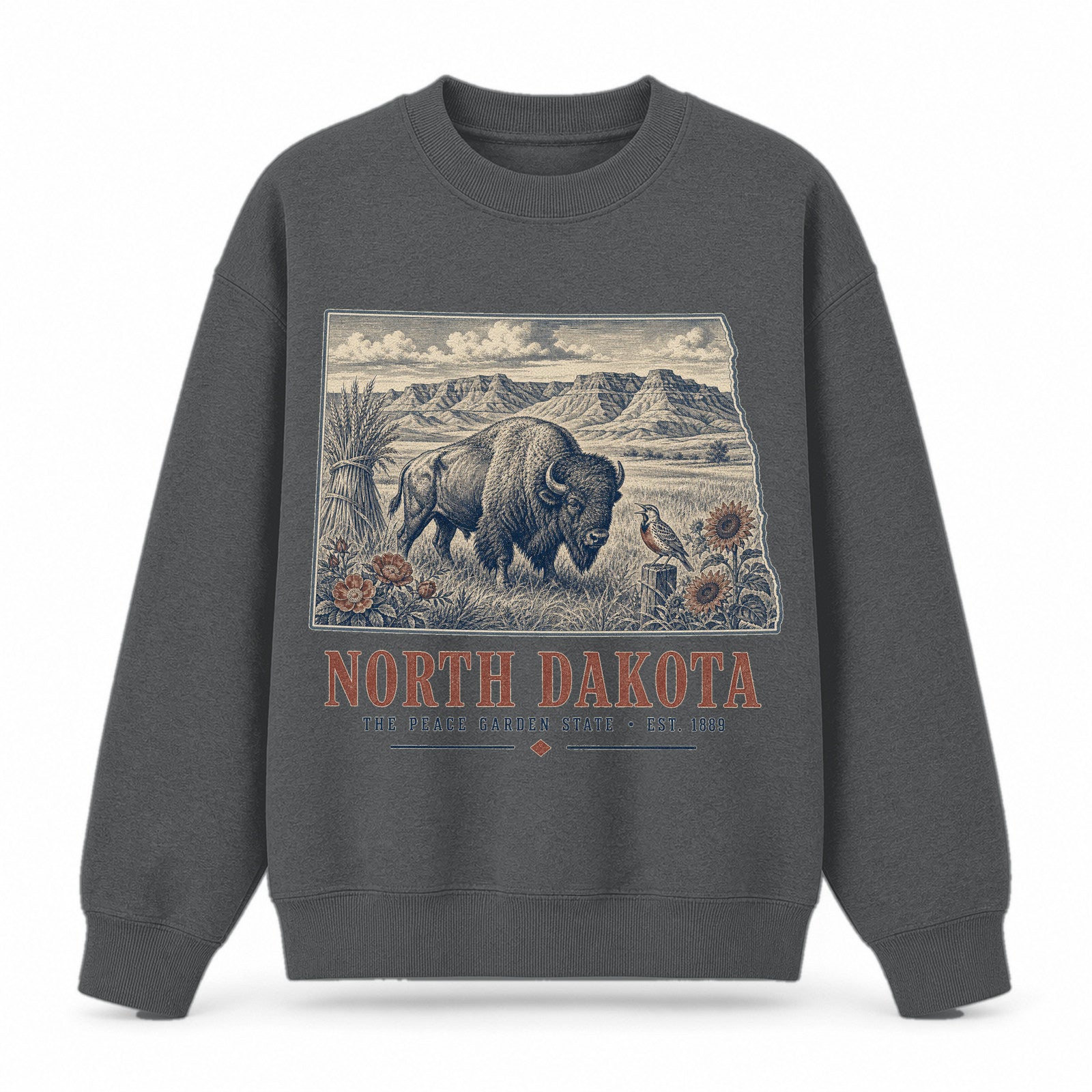 Vintage North Dakota State Graphic Crewneck Sweatshirt in Dark Gray, front view on a white background