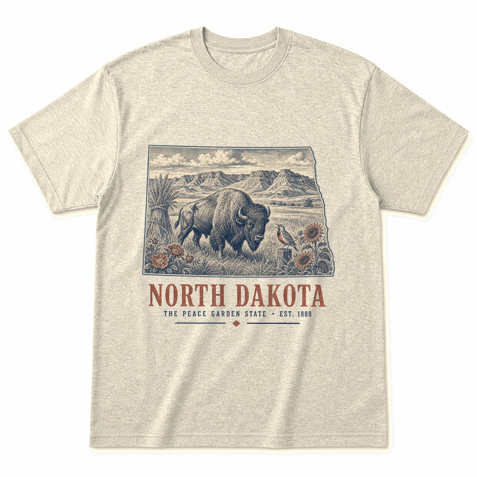 Vintage North Dakota State Graphic T-Shirt in Natural Cream, front view on a white background